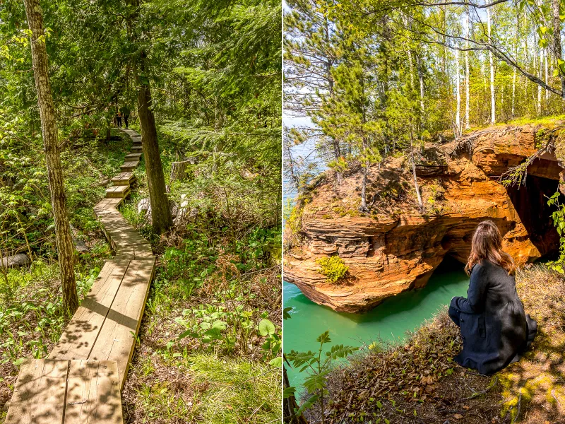 An Apostle Island Trail is seen on the left, with wooden plank path winding through forest. A women is seen on the right, crouching on a cliff overlooking beautiful Lake Superior waters.